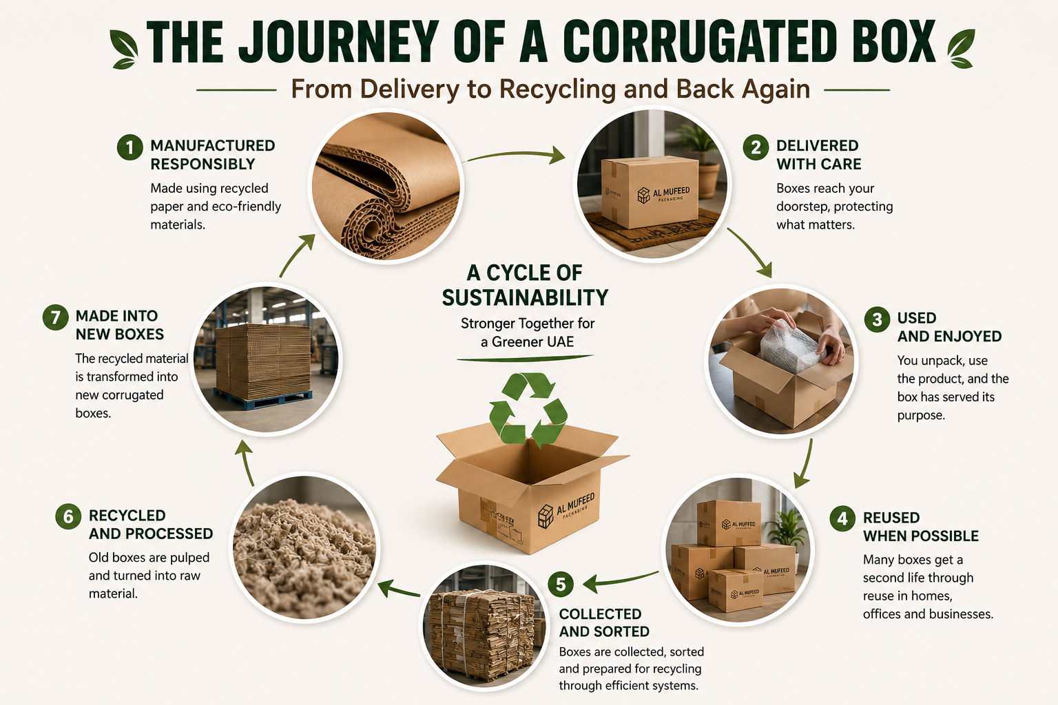 Infographic showing the lifecycle of a corrugated box in the UAE from manufacturing and delivery to reuse, recycling, and new box production.
